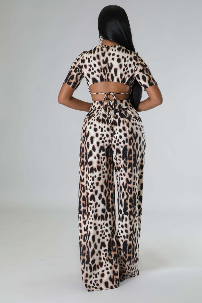 Pantalon à jambes larges imprimé léopard, nombril à la mode, costume deux pièces, offre spéciale_voghion.com