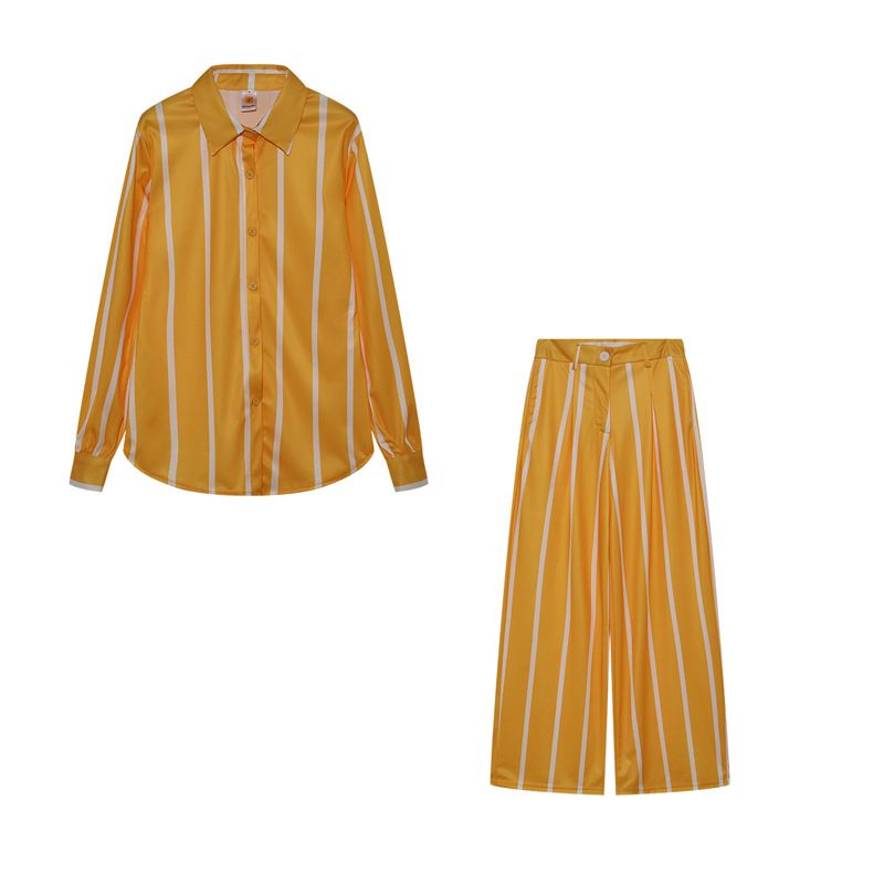 Elegantes, modisches, gestreiftes Zweiteiler-Set für Damen, langärmliges Hemdoberteil + Hose mit weitem Bein, passende Büro-Outfits_voghion.com