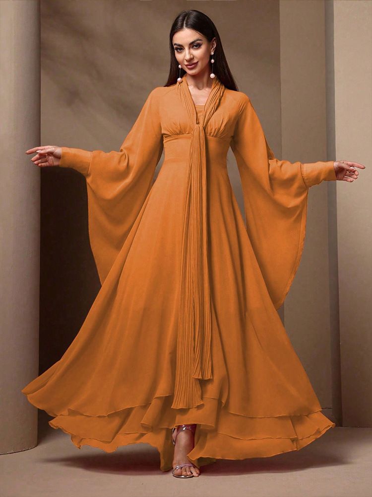 Women's Elegant Chiffon Maxi Dress With V-Neck, Lantern Sleeves & Ruffle Trim - A-Line High Waist Party Gown For Wedding, Evening Occasions (Orange)_voghion.com