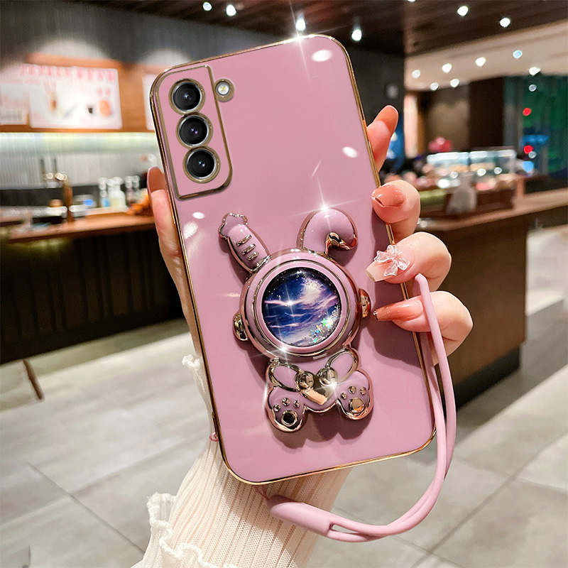 3D Quicksand Rabbit Fold Bracket Hülle fir Samsung Galaxy S23 S22 Note20 S21 S20 Ultra Plus FE A73 A53 A72 A52 Cover mat Lanyard_voghion.com