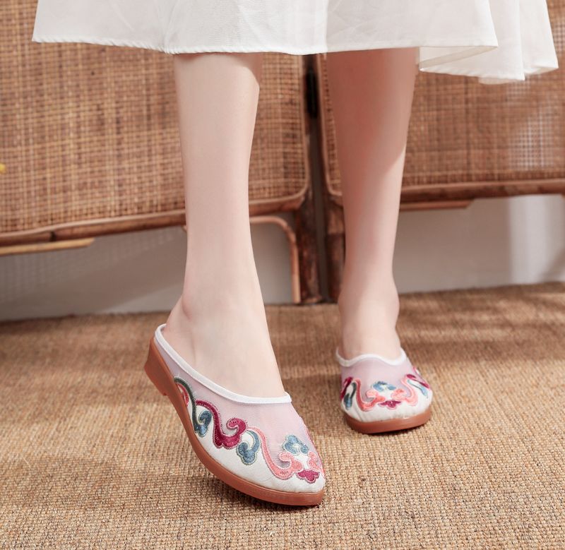 Slippers, Mesh Embroidered Fabric Shoes, Summer Cow Tendon Soles, Casual Women's Outerwear Sandals_voghion.com