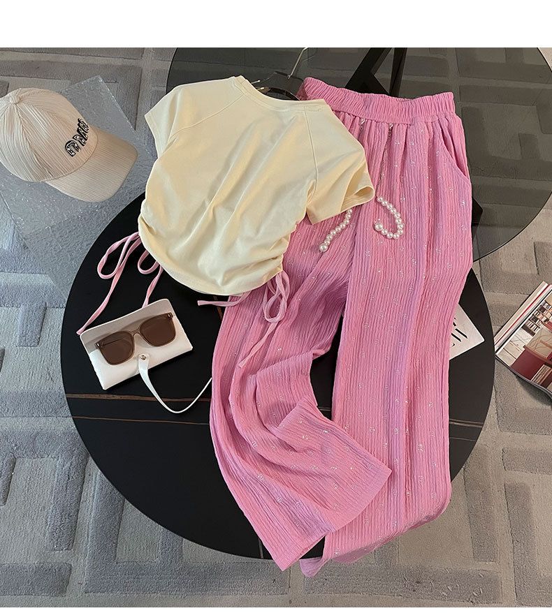 Women's New Short-sleeved Simple Wide-leg Pants Suit Summer Pink Temperament Leisure Medium And Long Fashion Two-piece Suit_voghion.com