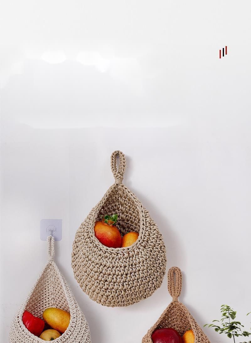 Wall-Mounted Vegetable Storage Fruit Basket Water Drop Bird's Nest Net Bag Handmade Cotton Rope Woven Wall Hanging_voghion.com