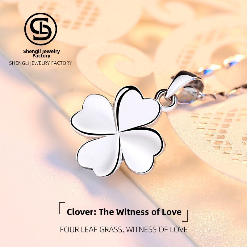 Collana con ciondolo a quadrifoglio liscio e semplice S999, all'ingrosso, con clavicola, semplice ornamento in argento per donna_voghion.com