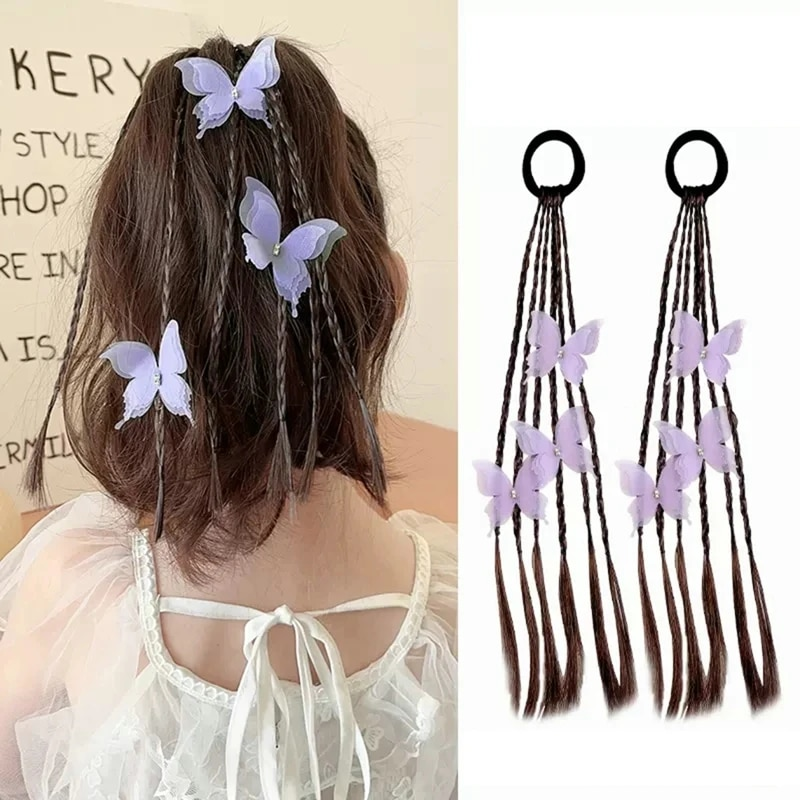 Cute Butterfly Braided Wigs For Girls Elastic Bands DIY Braids Synthetic Ponytail With Rubber Band Hair Extensions_voghion.com