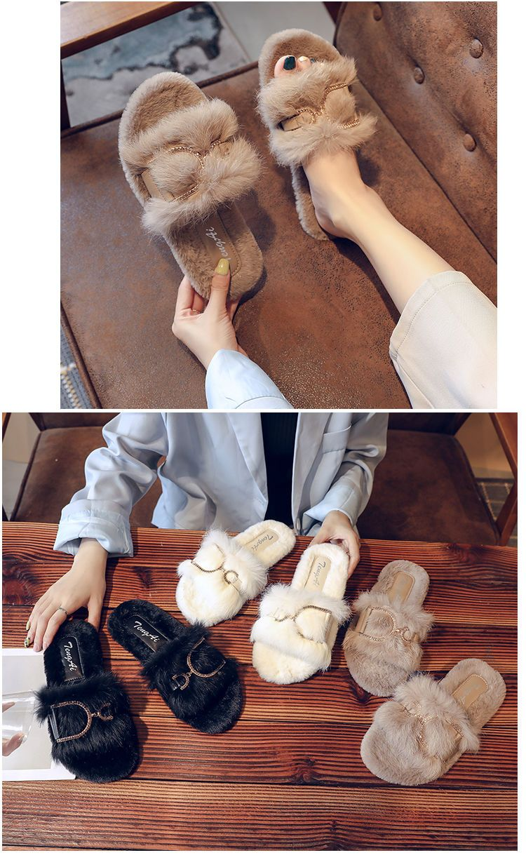True Rabbit Hair For Female Outwear 2024 Spring And Autumn New Internet Celebrity Fairy Home Flat Bottom Cotton Slippers_voghion.com