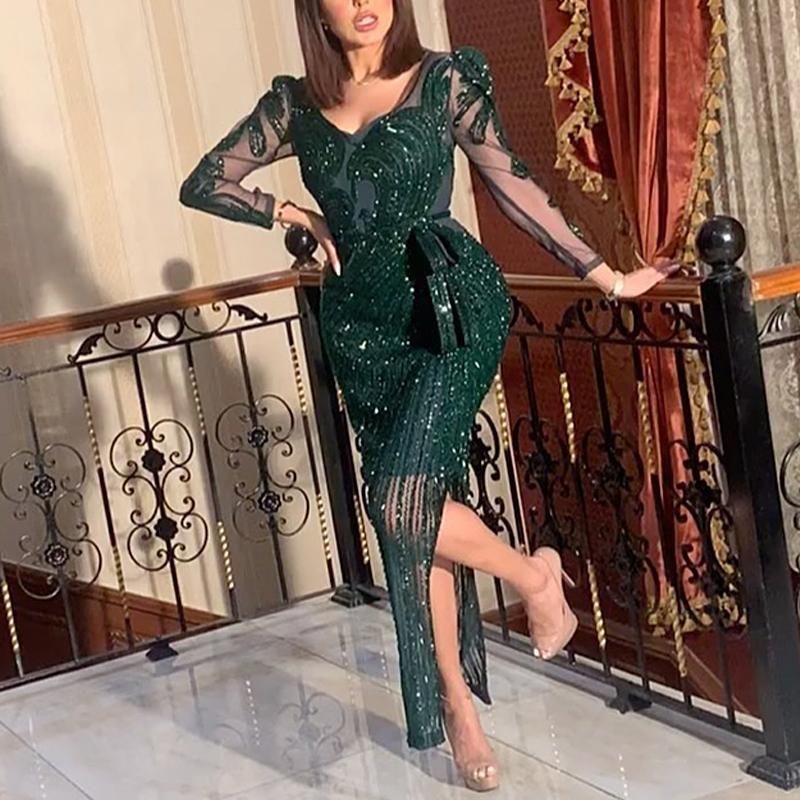2025 neue Mode V-ausschnitt Sparkling Hot Gedruckt Grün Langarm Abendkleid Abendkleid Für Frauen Vestidos_voghion.com