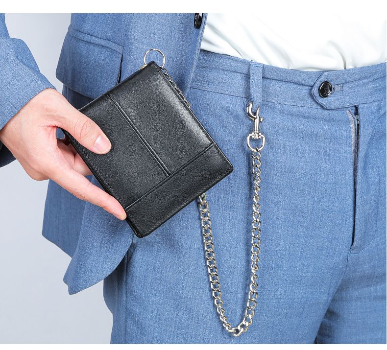 Portafoglio vintage da uomo in vera pelle con scomparti multi-carta, catena antifurto e design sottile: elegante e funzionale per l'uso quotidiano_voghion.com