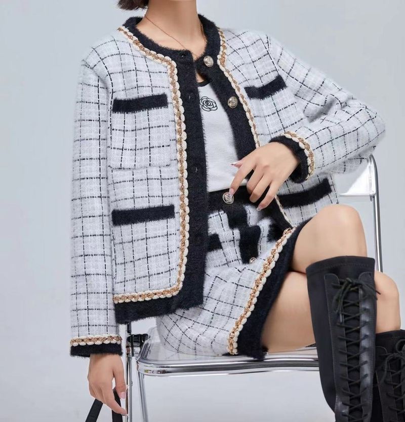 Women's Clothing new high end tweed jacket high waist skirt two piece suit_voghion.com