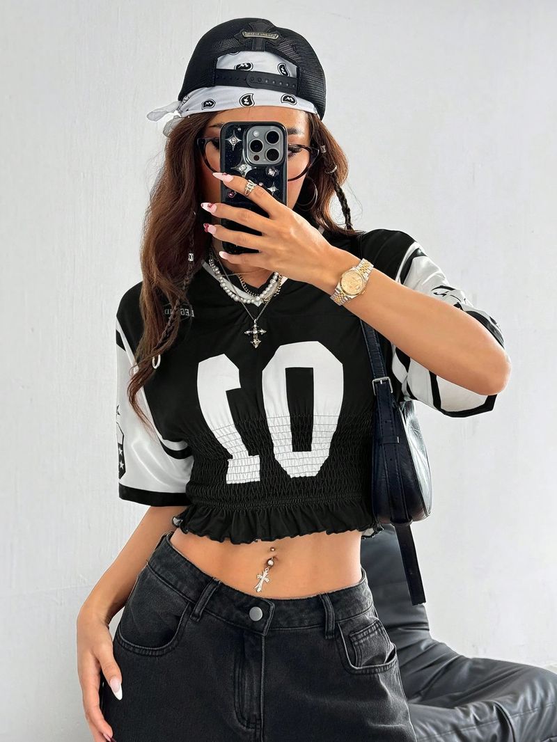 Top da donna aderente, con cuciture in raso, modello uniforme da ballo, con stampa digitale, scollo a V, manica corta_voghion.com