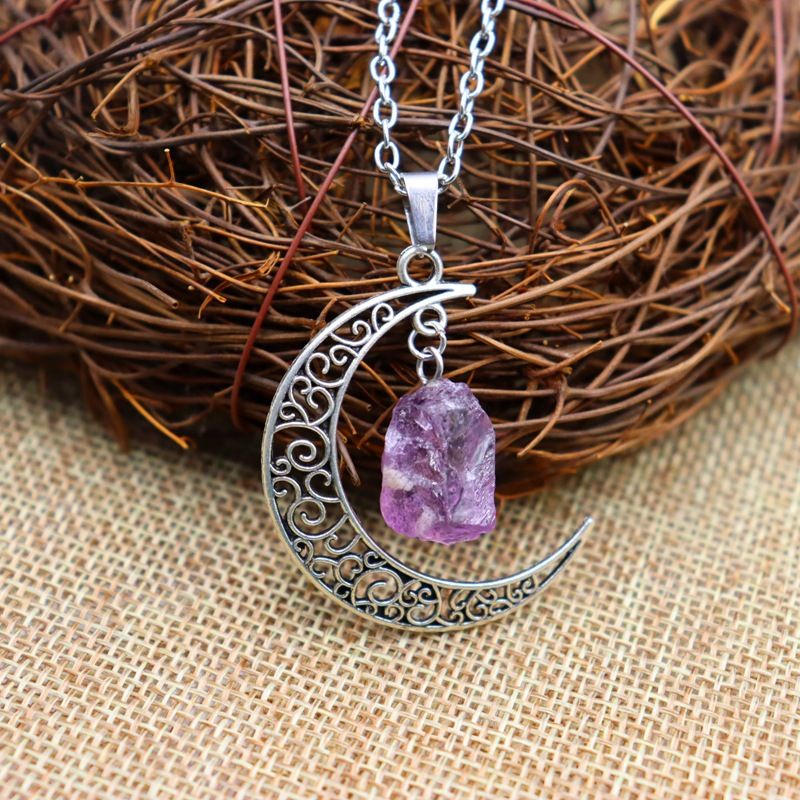 Retro Black Tourmaline & Amethyst Crystal Necklace - Starry Sky Moon Pendant With Natural Stone Sweater Chain_voghion.com