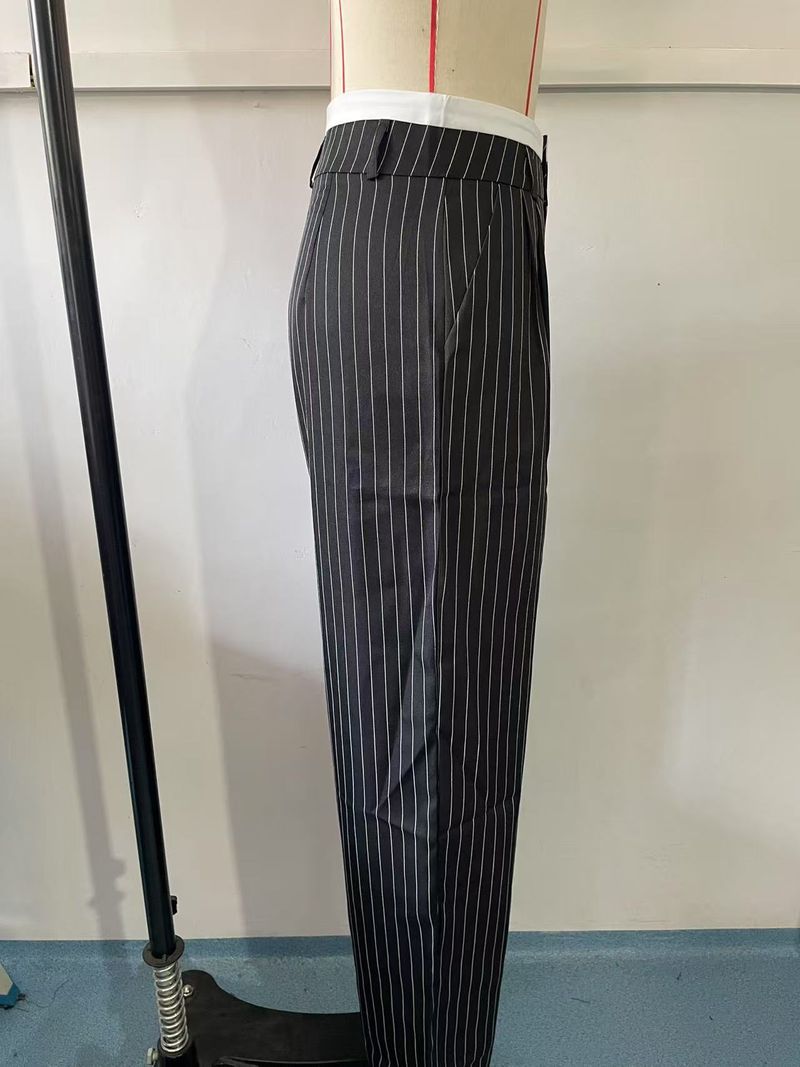 Pantaloni larghi a vita alta da donna - Pantaloni casual a righe color block con taglio dritto e fluido_voghion.com