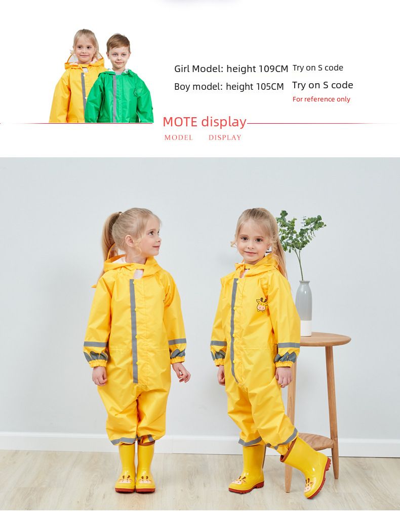 Cross-border three-dimensional boys and children's conjoined raincoat girls light hooded children's poncho reflective strip factory direct sales_voghion.com