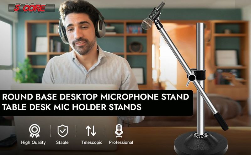 5Core Desktop Mic Stand Universal Desk Microphone Holder Table Top Round Base Stands - MS RBS CH IN_voghion.com