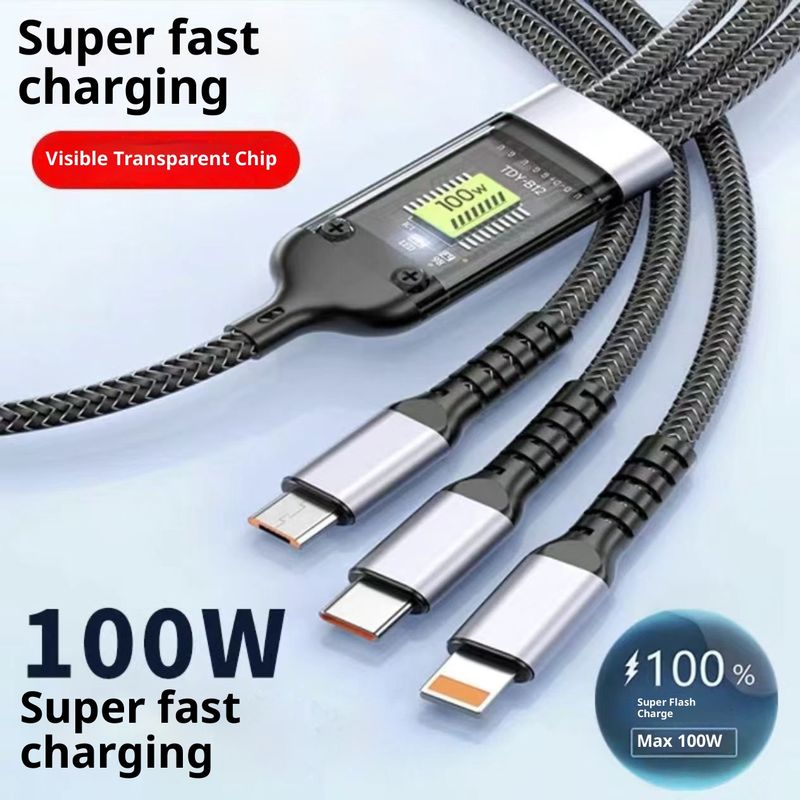Digitex Transparent Display Smart Chip 100W 3-in-1 Super Fast Charging 6A Data Cable Thickened One-to-Three Braided Wholesale_voghion.com