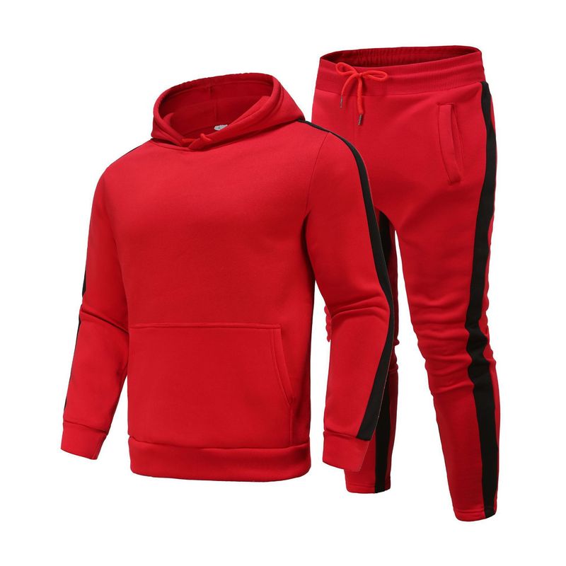 Herenkleding kleur bijpassende streep sportpak effen kleur plus fluwelen verdikte trui hoodie pak_voghion.com
