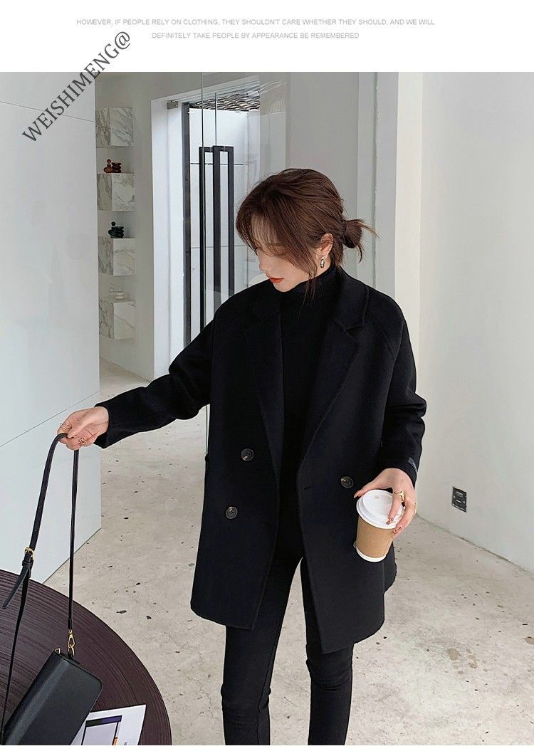 2024 early spring new plus size medium long loose suit Hepburn style black woolen coat for women_voghion.com