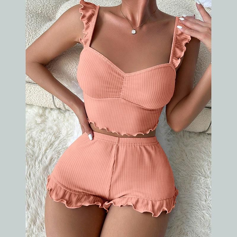 Completo da notte da donna Kawaii Pama composto da 2 pezzi, top e pantaloncini sexy, comodo e traspirante, con volant._voghion.com