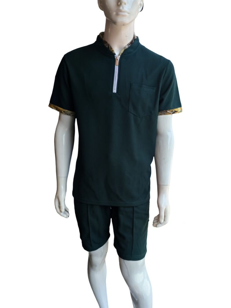Waffle Zipper Stand Collar Color Matching Short Sleeved Shorts Men's Casual Outdoor Suit_voghion.com