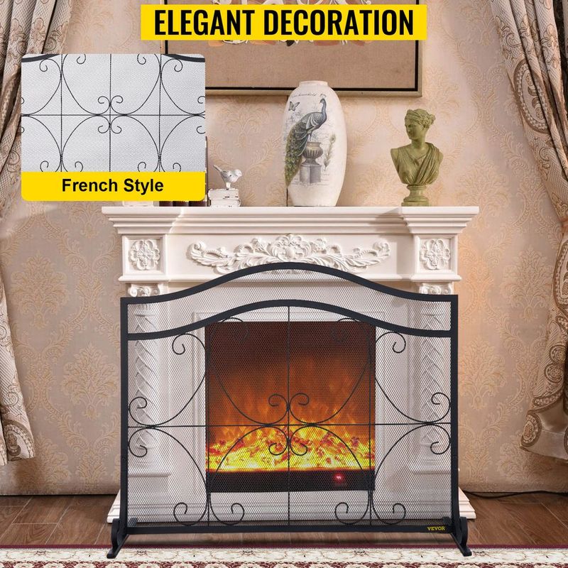 VEVOR Fireplace Screen, 38 X 26.5 Inch,Heavy Duty Iron Freestanding Spark Guard With Support, Metal Mesh Craft, Broom Tong Shovel Poker Included For Fireplace Decoration & Protection, Black_voghion.com