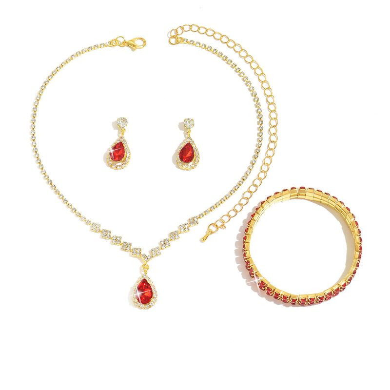 Set di gioielli da sposa con collana, orecchini e bracciale a goccia in zircone con diamanti pieni._voghion.com