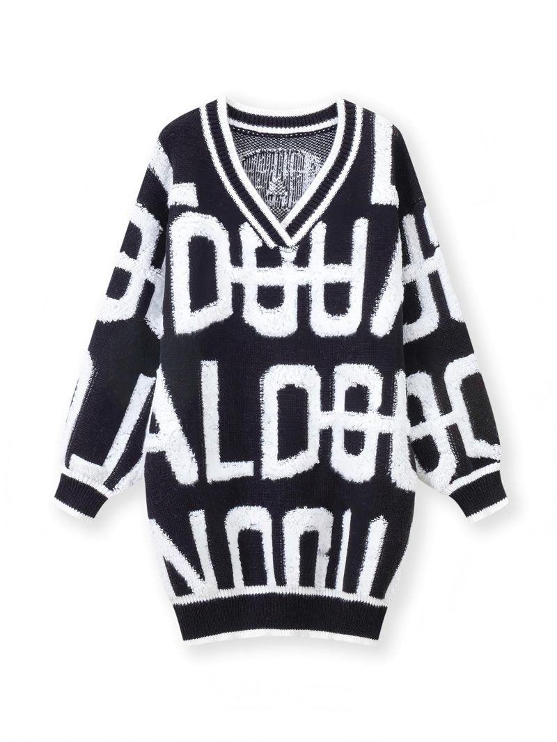 Cardigan ricamato da donna – Maglia oversize con scollo a V e motivo a lettere per autunno e inverno_voghion.com