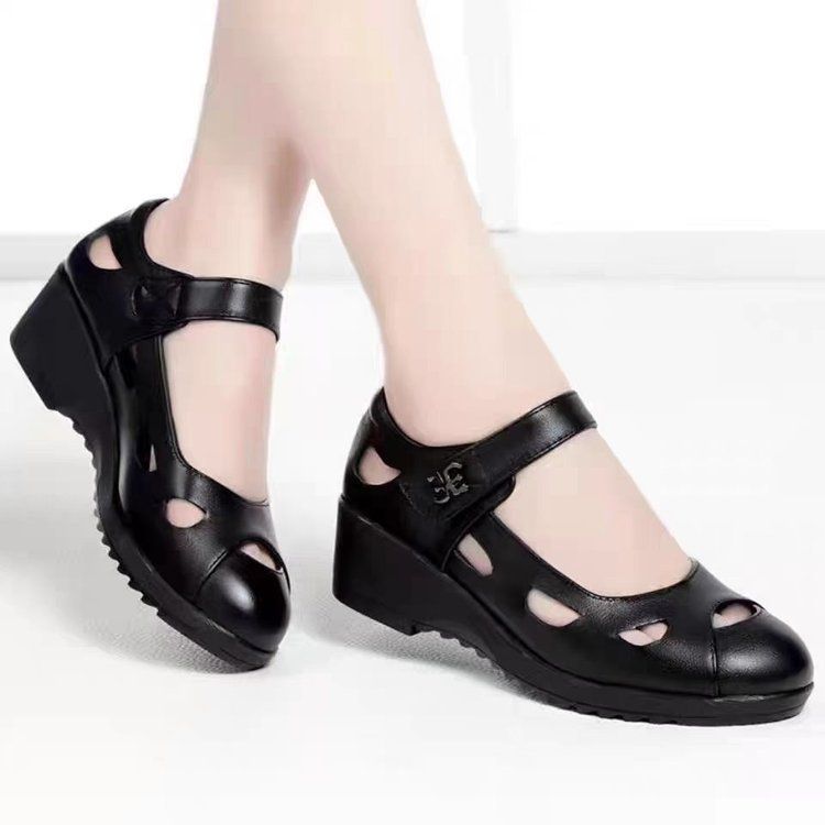 Sandali da donna in morbida pelle, traspiranti, resistenti all'usura, con zeppa, chiusura a velcro, suola morbida, scarpe da donna di medie dimensioni con fori Mary Jane_voghion.com