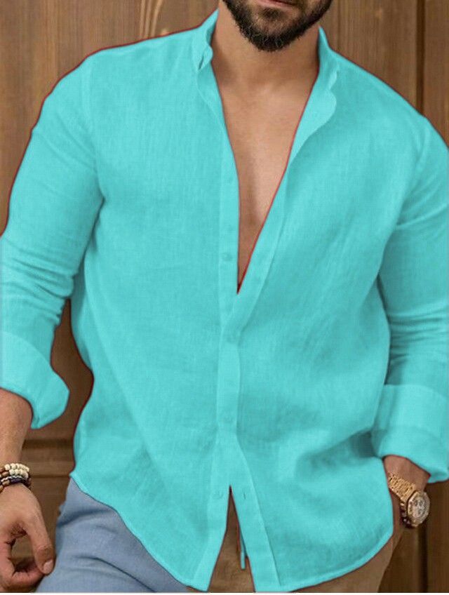 Abbigliamento da uomo, nuova camicia da uomo in cotone e lino tinta unita, casual, a maniche lunghe_voghion.com