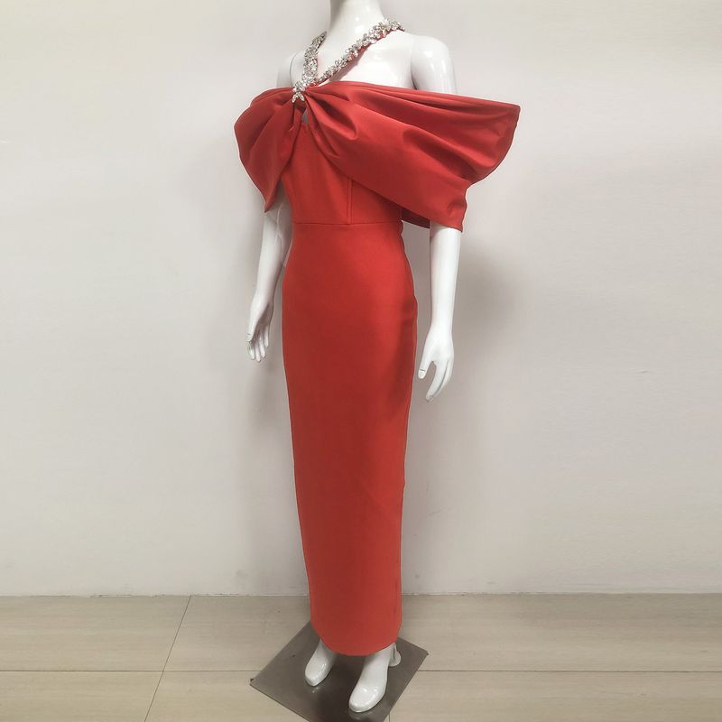 Robe de soirée élégante à dos nu et diamants noirs pour femme - Robe longue moulante à encolure haute_voghion.com