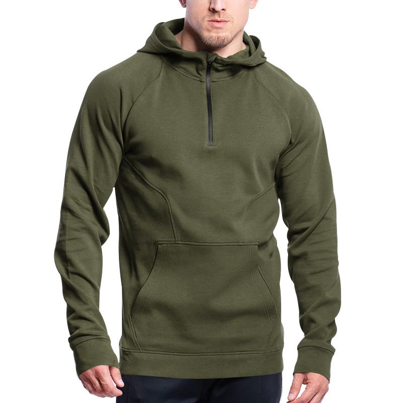 Men's Clothing New Long Sleeved Stand Up Collar Casual Pullover Hooded Half Zip Block Plus Velvet Sweatshirt_voghion.com