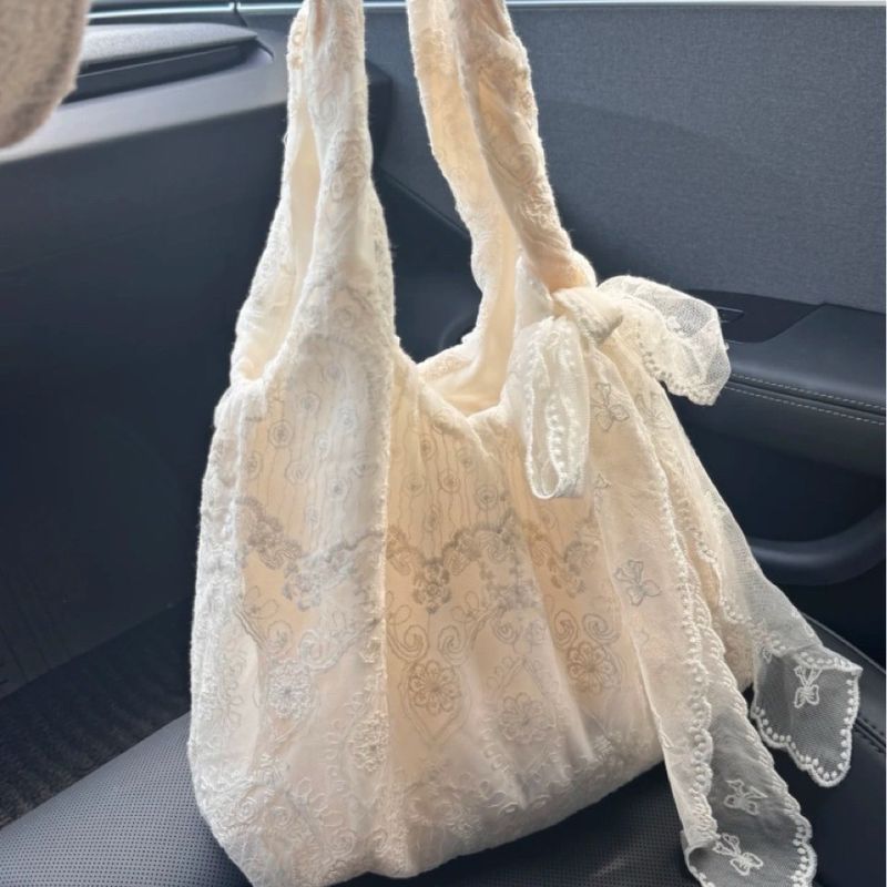 Borsa a tracolla da donna in tela con fiori in pizzo fresco in stile coreano, 2025, grande capacità, da portare sottobraccio_voghion.com