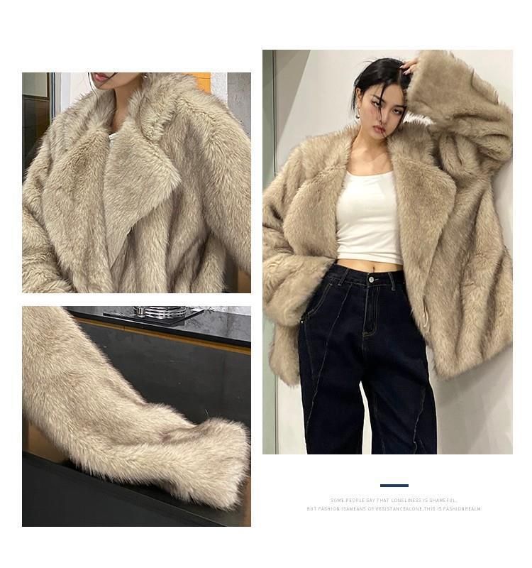 Women's Clothing Luxury Faux Fox Fur Coat Women's Longline Casual Oversized Lapel Plush Jacket - Coffee Tip / White With Yellow Tip_voghion.com