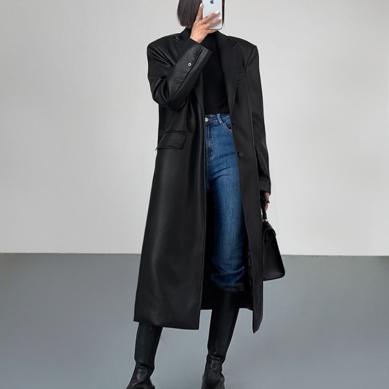 Cappotto casual da donna sopra il ginocchio in pelle pu_voghion.com
