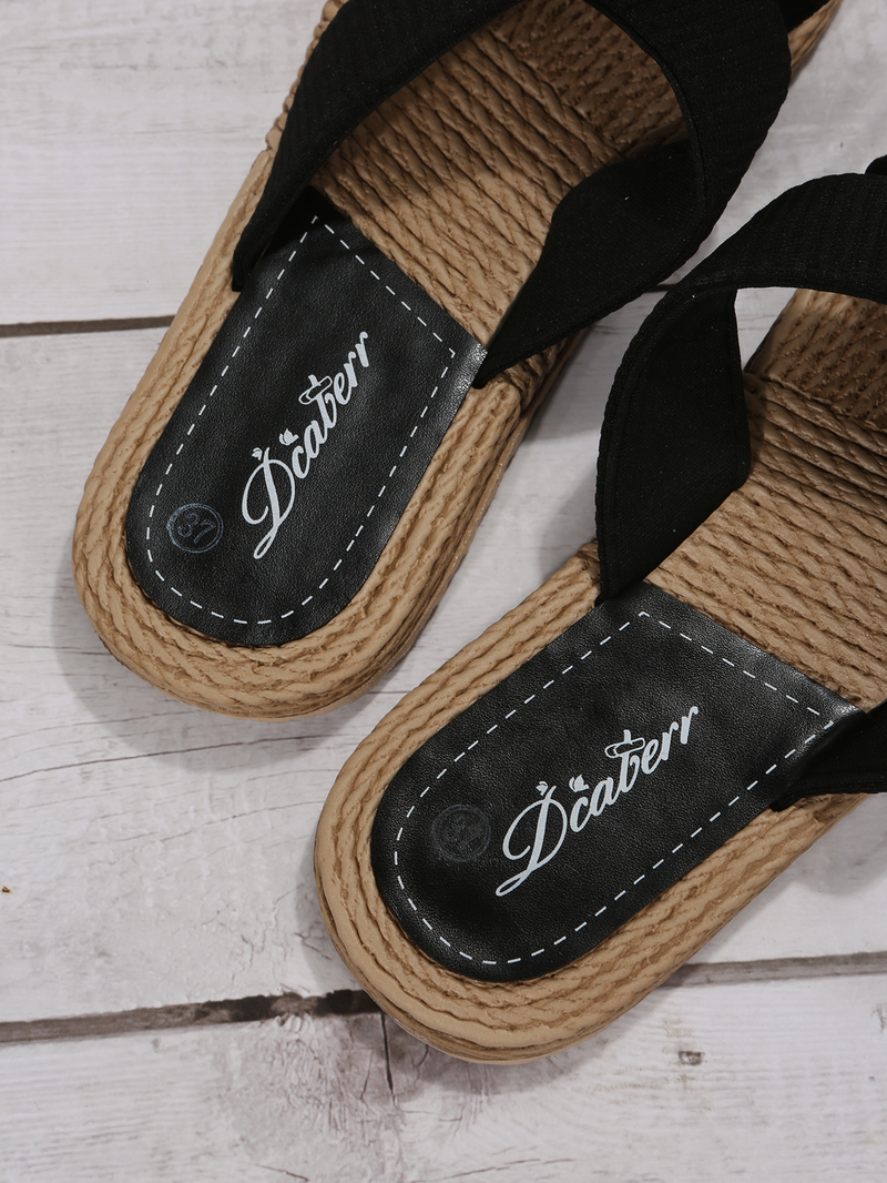 Pantoufles plates à bretelles croisées pour femmes, sandales coulissantes de plage à semelle d'espadrille d'extérieur, chaussures plates de couleur unie_voghion.com
