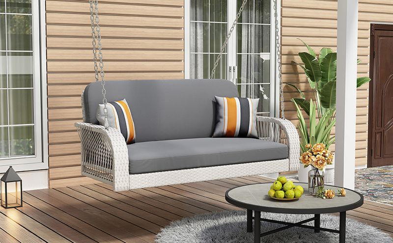 PE Wicker Porch Swing, 2-Seater Hanging Bench With Chains, Patio Furniture Swing For Backyard Garden Poolside_voghion.com