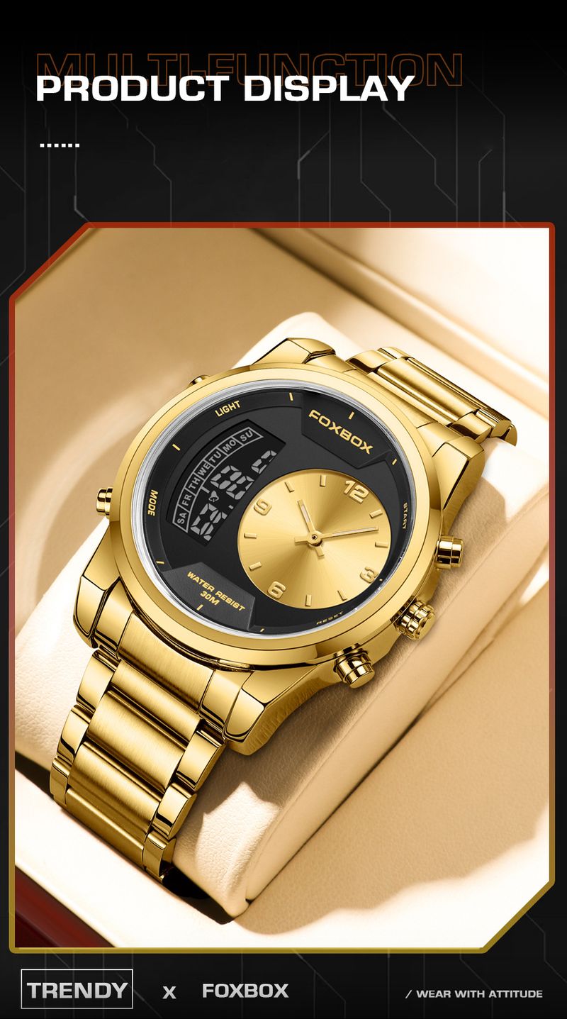 Men's Waterproof Luminous Analog Digital Watch With Alarm Chronograph, Stainless Steel Band, Mineral Glass, 43mm Round Case_voghion.com