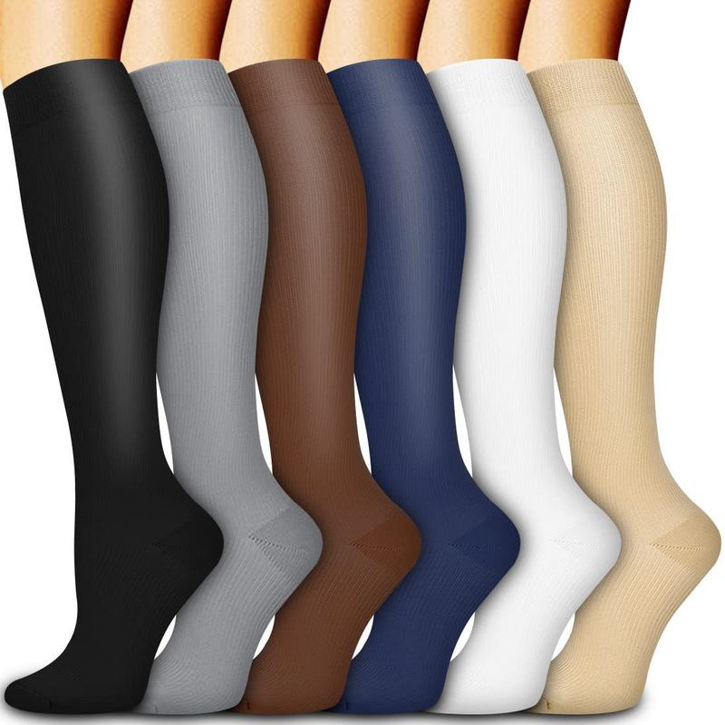 Calcetines largos de compresión para deportes al aire libre para hombre y mujer, transpirables, de color sólido, elásticos, para ciclismo y correr._voghion.com
