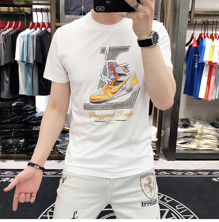 Sommer Neue Herrenmode Marke Schuhe Drucken Heißer Diamant Brief Slim Fit Baumwolle Trendy Kurzarm T-shirt_voghion.com