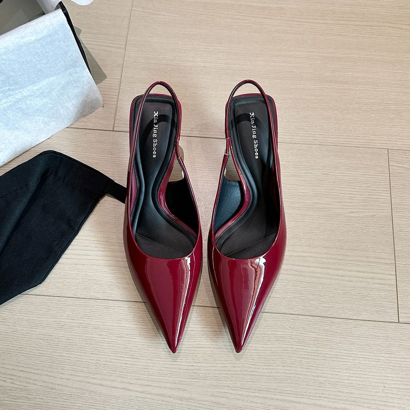 623-1 Weinrote spitze Zehenpartie mit mittlerem Absatz im neuen Stil, flacher Mund, einfacher Hohlrückenriemen, rückenfreie Einzelschuhe für Damen_voghion.com