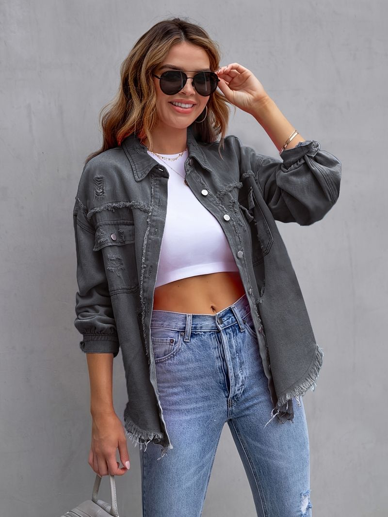 Giacca in denim effetto used da donna, oversize, a maniche lunghe, casual, in tinta unita_voghion.com
