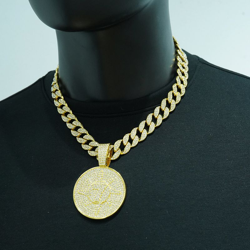 Set di gioielli da uomo alla moda Hip Hop con ciondolo a piastra rotonda con numero 7 e diamanti tridimensionali, collana da uomo con catena cubana Hip Hop alla moda e dominante._voghion.com