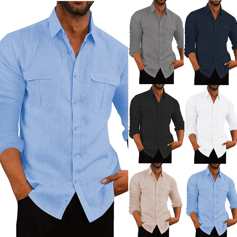 Camicia da vacanza casual a maniche lunghe con doppia tasca da uomo_voghion.com