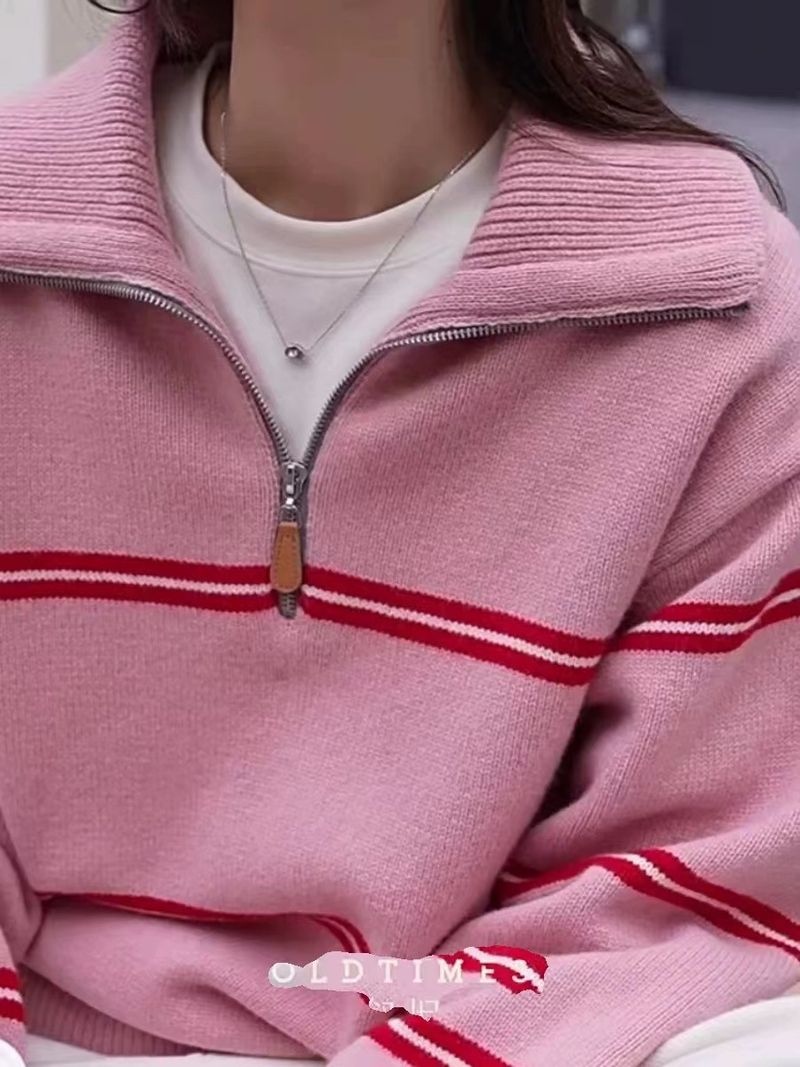 Wolle Koreanischen Stil Gestreiften Half-Zip Polo Kragen Pullover Für Frauen 2024 Neue Lose Faul Gestrickte Top_voghion.com