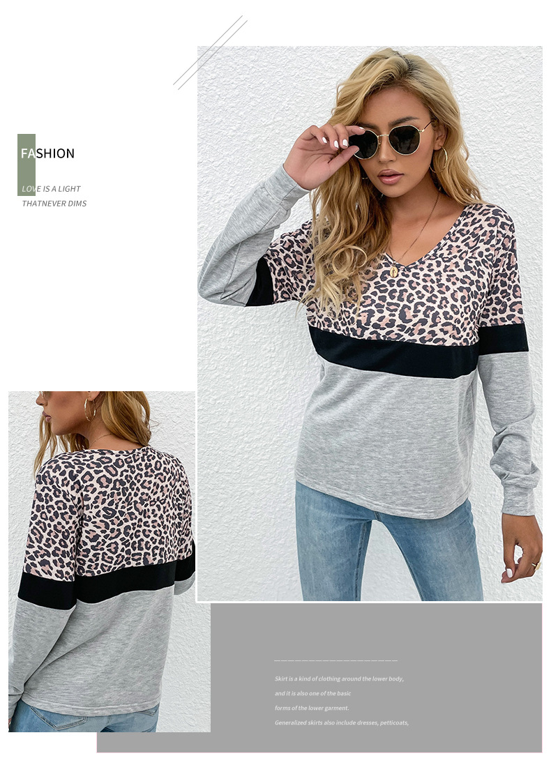 Women's clothing independent station early autumn casual women's leopard print splicing long-sleeved bottoming shirt for women_voghion.com
