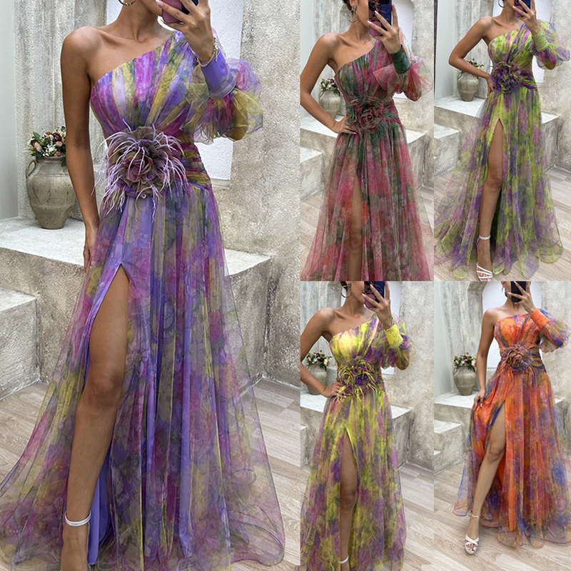 Abbigliamento da donna Abito da festa in rete con spalle diagonali INS Abito casual alla moda_voghion.com