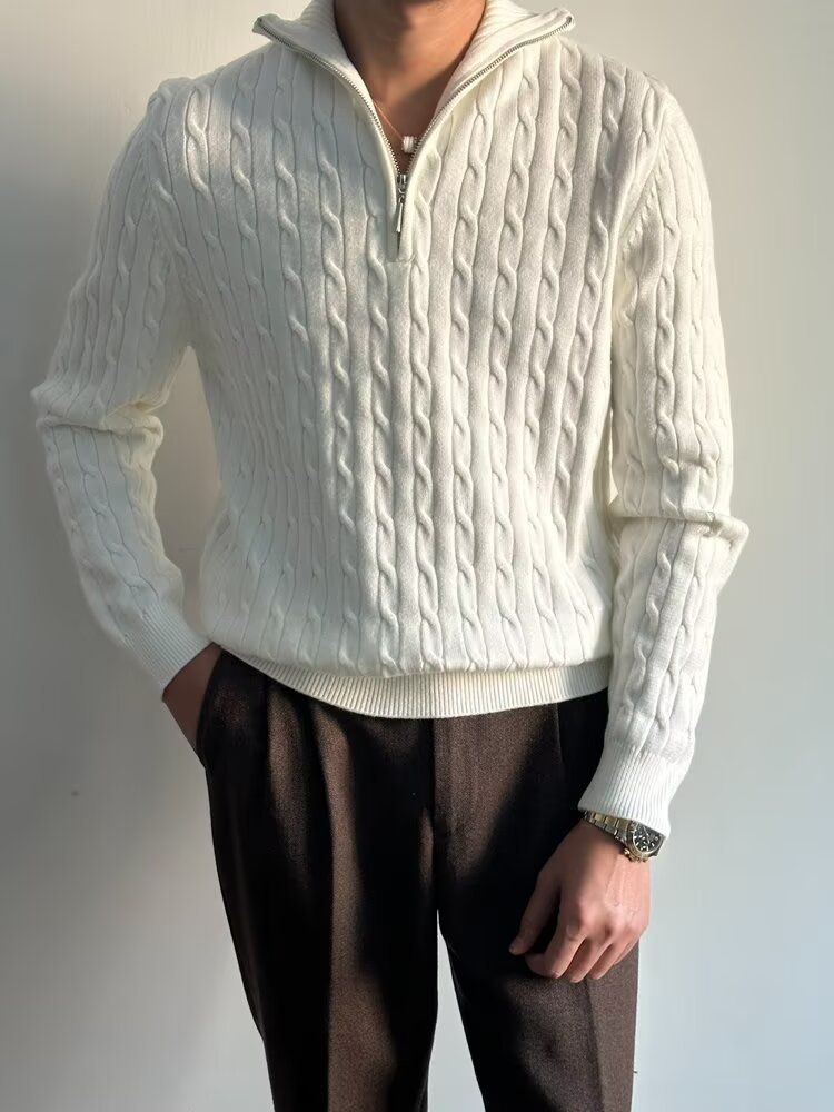 Herenkleding Half Turtleneck Rits Trui Voor Heren, High End Lazy Pullover Lange Mouw Trui, Modieus En Veelzijdig Wit Jasje_voghion.com