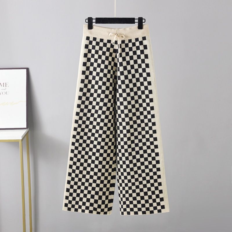 autumn and winter new lace-up knitted pants plaid pants casual all-match wide-leg pants drape trousers women_voghion.com