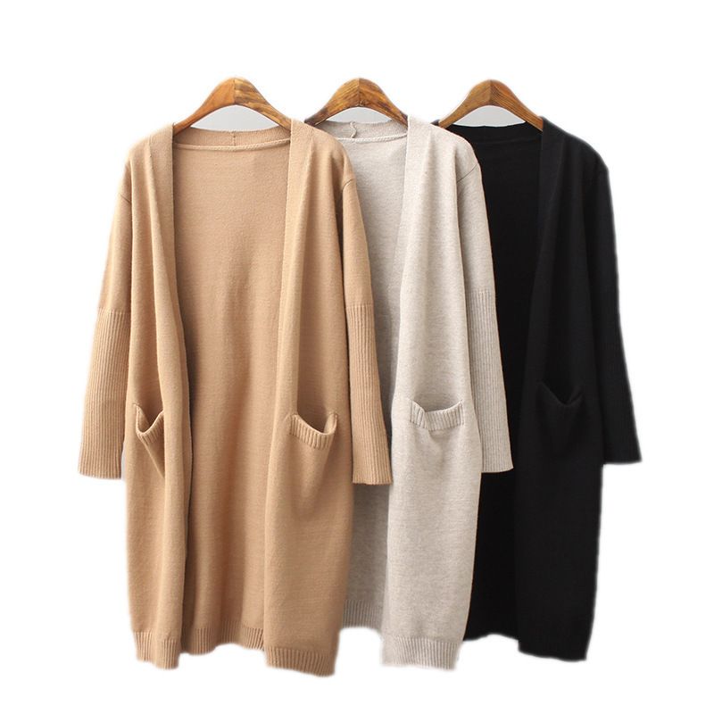 Damenbekleidung Herbst- und Winter-Strickpullover mit Doppeltaschen, mittellanger und langer Strickjackenpullover für Damen_voghion.com