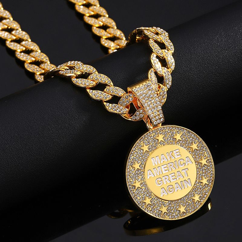 Collana con ciondolo in lega rotonda con lettera MAKE AMErica CREAT AGAIN e diamante pieno che gocciola olio_voghion.com