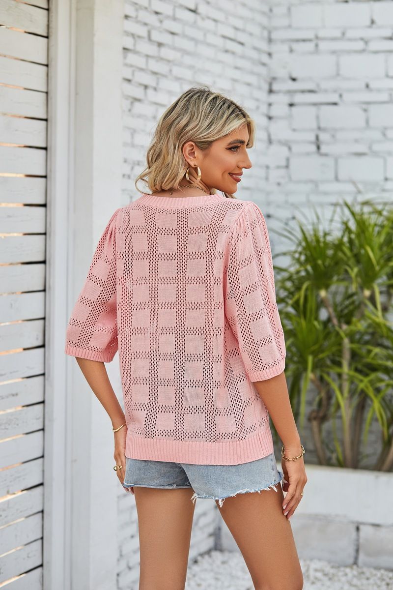 Damen Sommer Strick-Überwurf-Shirt Lockere Passform Rundhalsausschnitt Spitze Hohl-Out Ärmelloses Top In Weiß, Schwarz, Hellblau, Pink_voghion.com